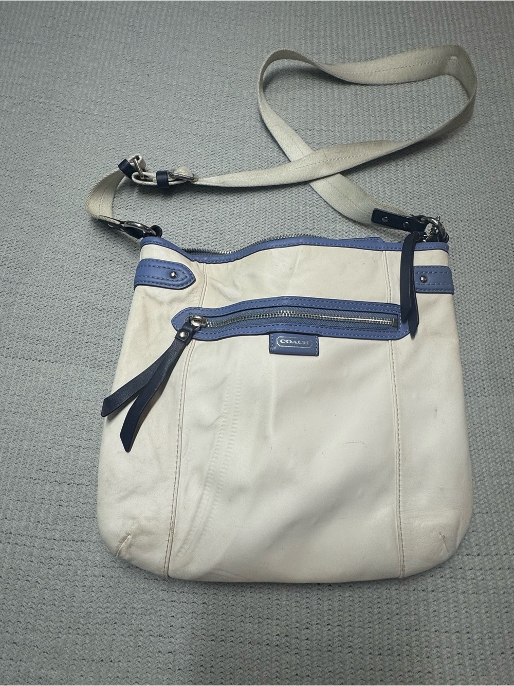 Coach Cream Leather Crossbody with Blue Trim
